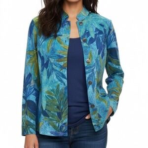 Chico's‎ Teal Blue Leaf Floral Cotton Spandex Jacket Blazer Sz 2 Large 12